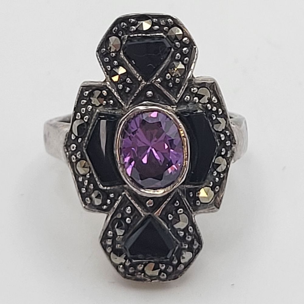 Sterling Silver Purple Glass Center Onyx Art Deco Style Ring Size 5 1/4 - Picture 7 of 13